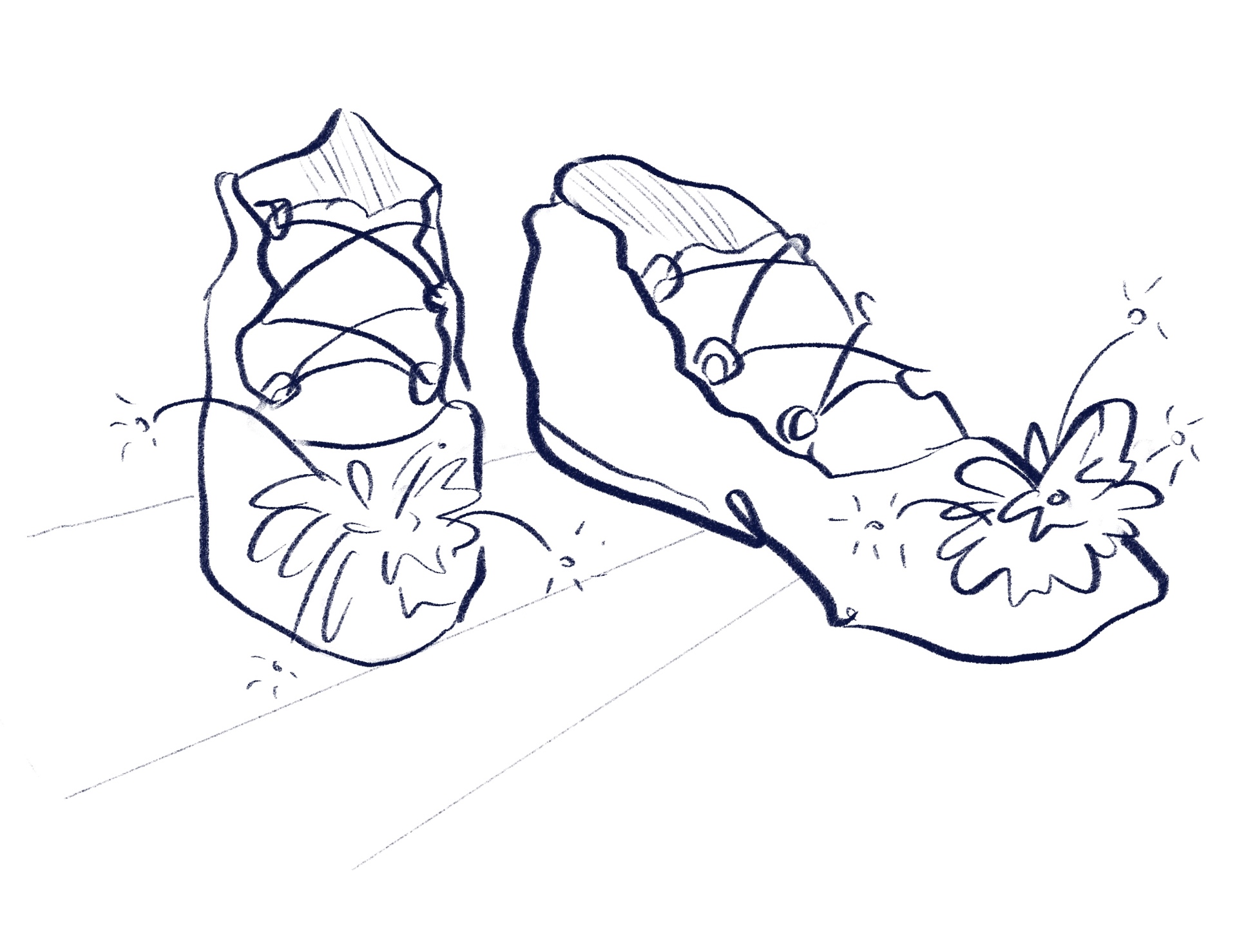 Hand-drawn illustration of flat shoes with flowers, perfect for walking on sand and dune grass